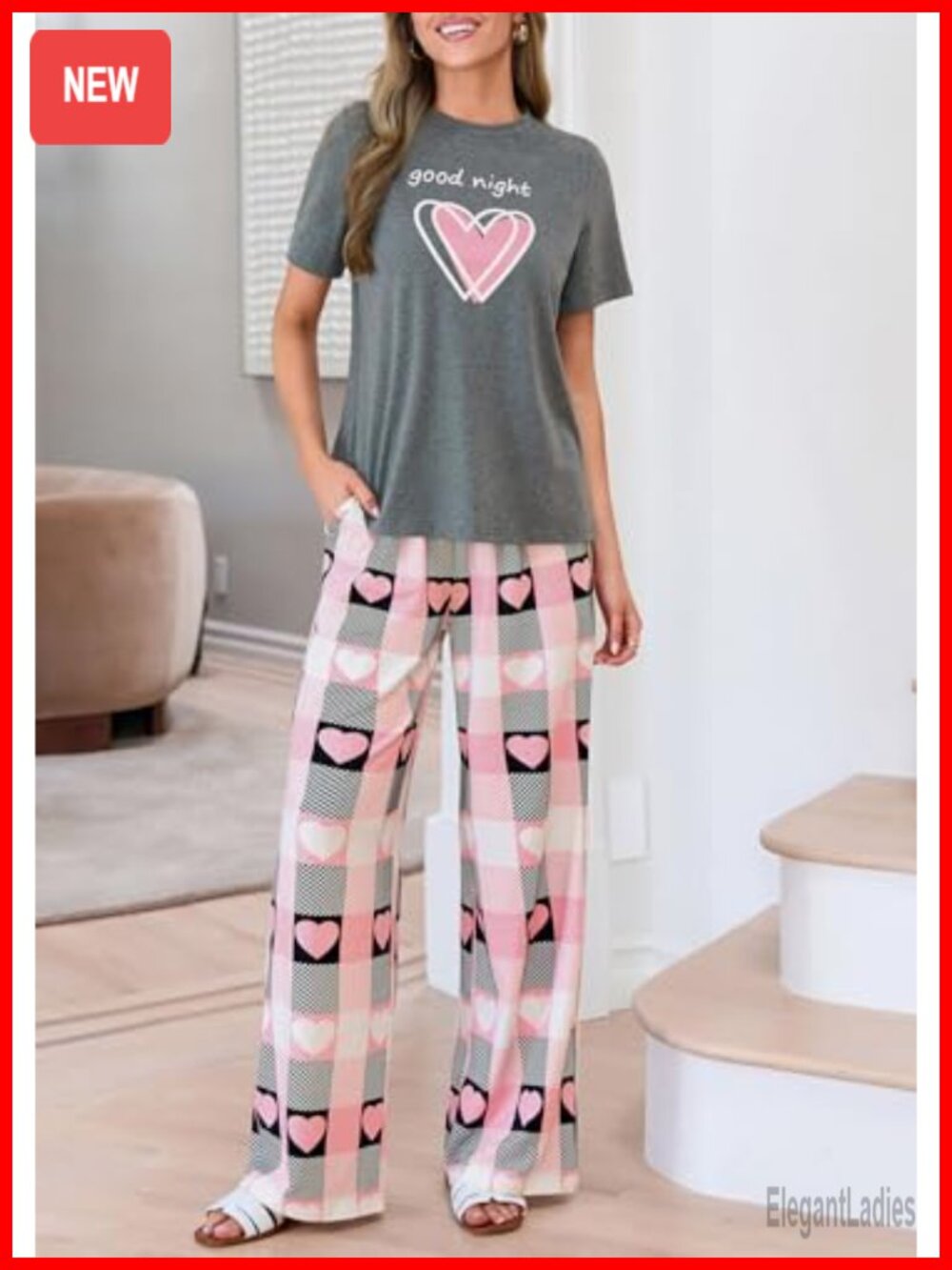 2 Piece Pajama Set Short Sleeve Printed Sleepwear Lounge Outfit with Pockets - Picture 2 of 7
